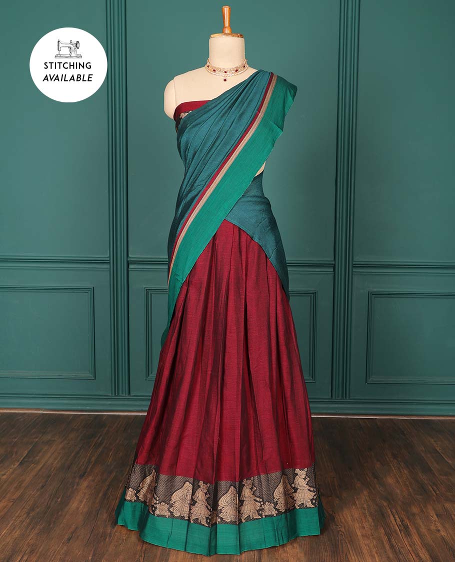 Maroon plain art-silk saree, contrast wedding-themed motif border, blouse & contrast dhavani