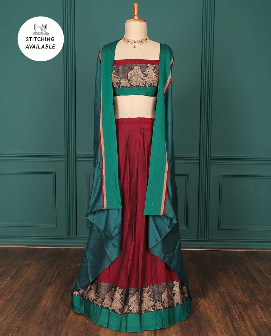Maroon plain art-silk saree, contrast wedding-themed motif border, blouse & contrast dhavani