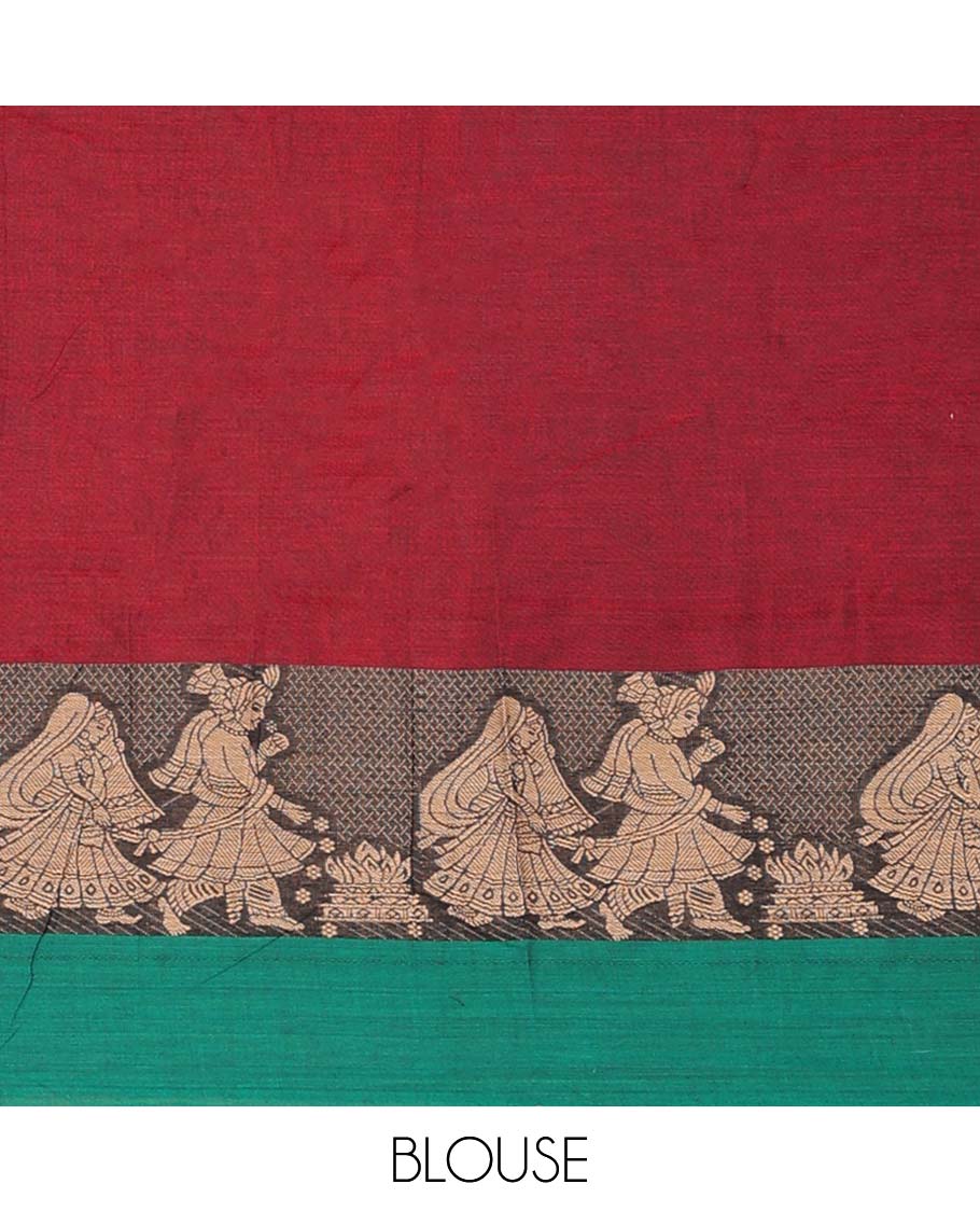 Maroon plain art-silk saree, contrast wedding-themed motif border, blouse & contrast dhavani