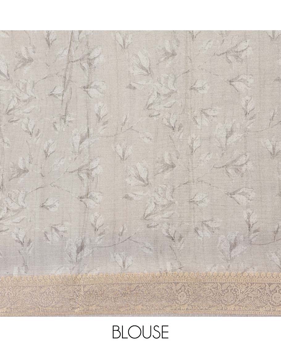 Grey floral printed semi-banaras tissue saree, contrast traditional zari design border