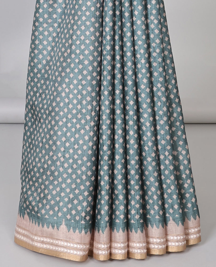 Grey unique motifs semi-banaras art tussar saree, contrast vidarbha border & striped pallu