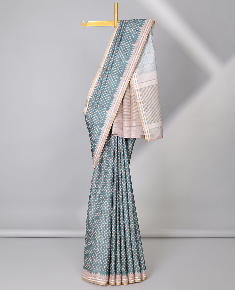 Grey unique motifs semi-banaras art tussar saree, contrast vidarbha border & striped pallu