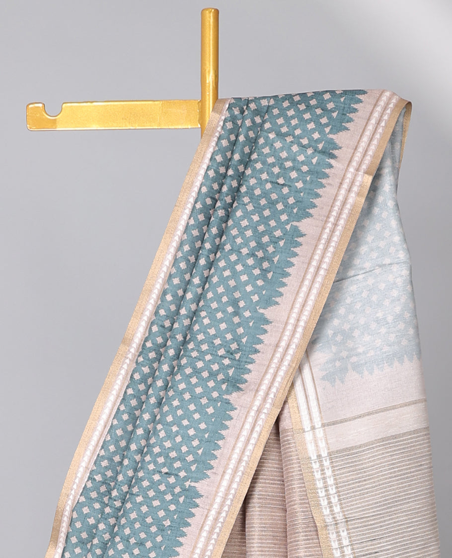 Grey unique motifs semi-banaras art tussar saree, contrast vidarbha border & striped pallu