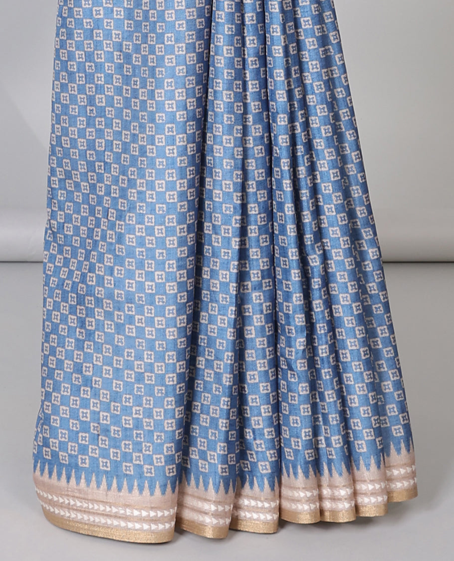 Blue uniquely printed semi-banaras art tussar saree, contrast vidarbha border & striped pallu
