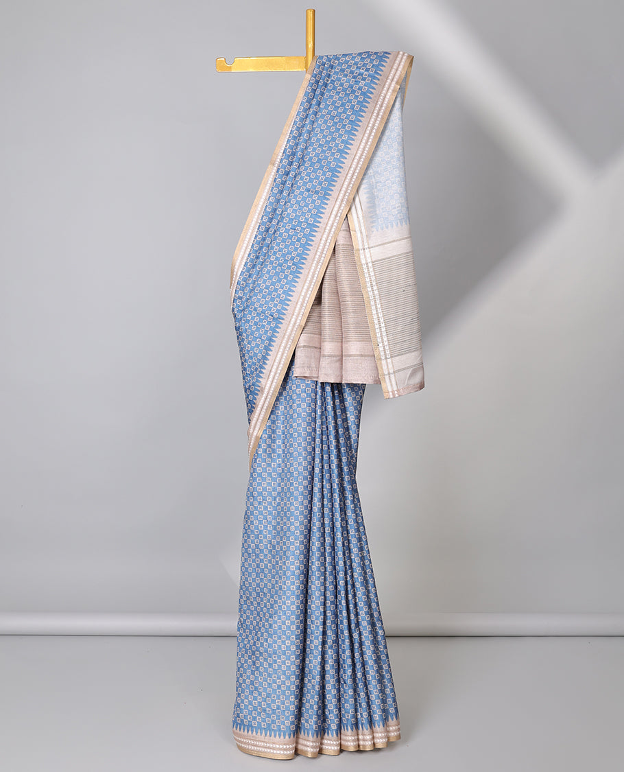 Blue uniquely printed semi-banaras art tussar saree, contrast vidarbha border & striped pallu