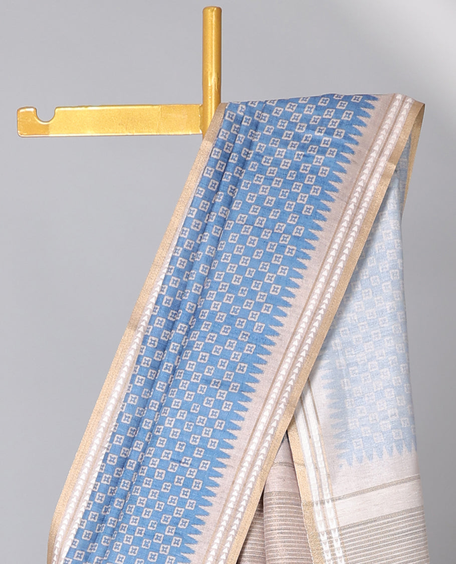 Blue uniquely printed semi-banaras art tussar saree, contrast vidarbha border & striped pallu