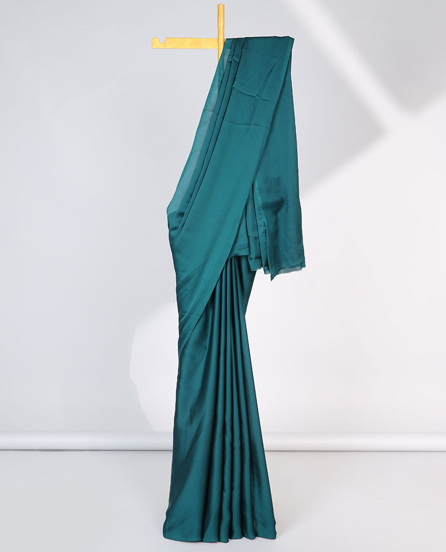 Borderless peacock blue plain design semi-banaras crepe saree