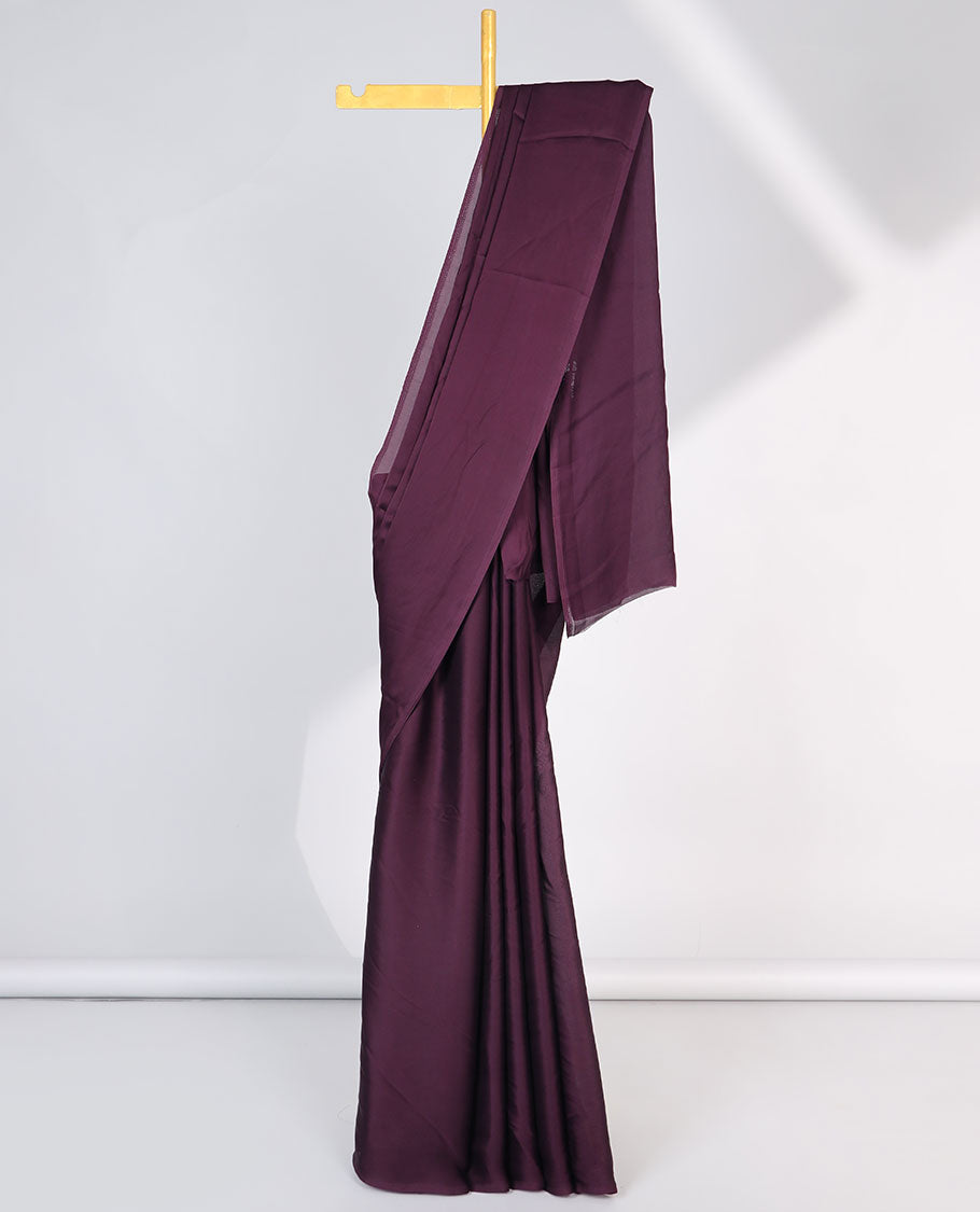 Borderless maroon plain design semi-banaras crepe saree