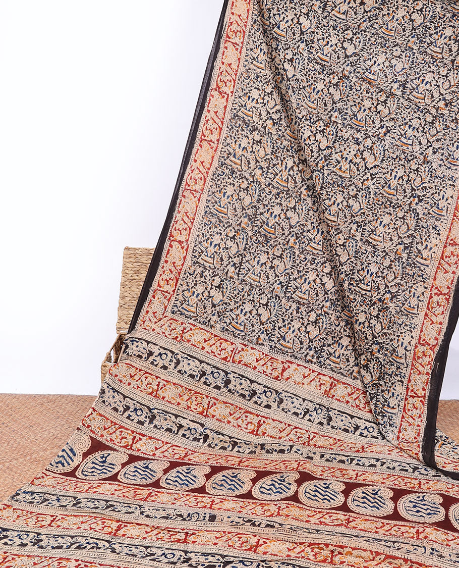 Brown floral machine-printed kalamkari saree, floral printed border & pallu of intricate print