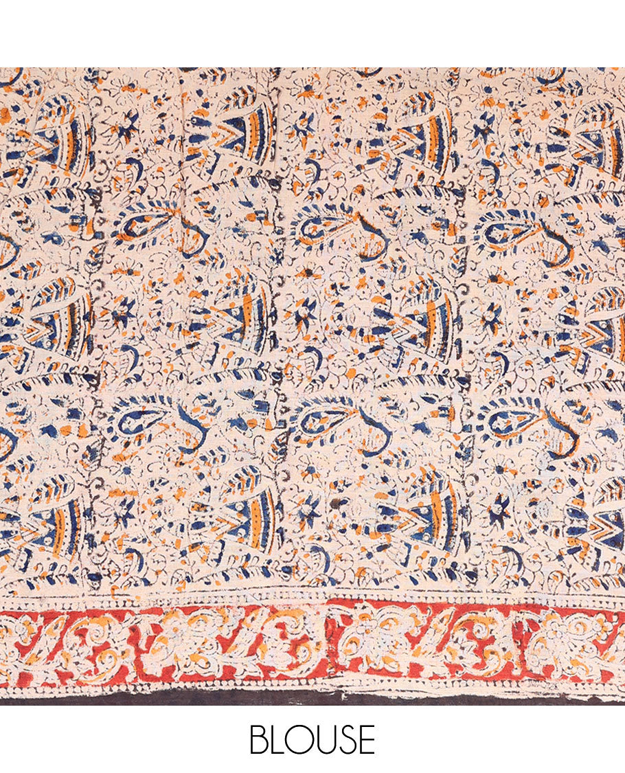 Brown floral machine-printed kalamkari saree, floral printed border & pallu of intricate print
