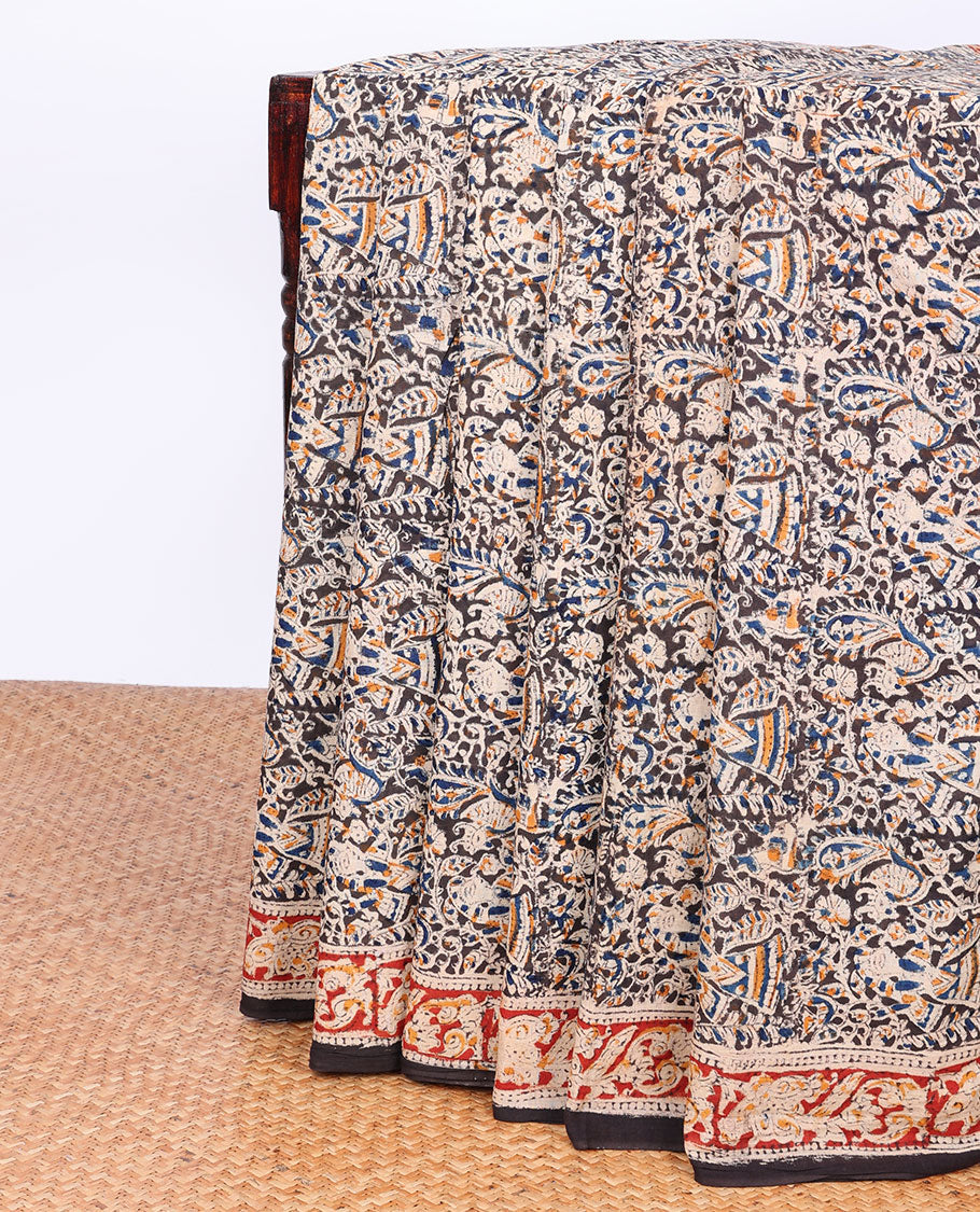 Brown floral machine-printed kalamkari saree, floral printed border & pallu of intricate print