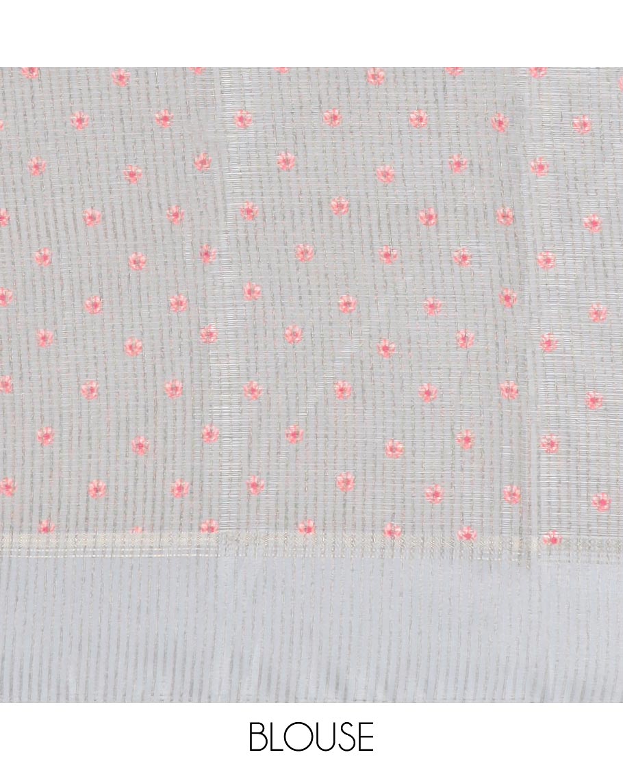Grey floral vine printed semi-banaras tissue, contrast zari border & striped pallu