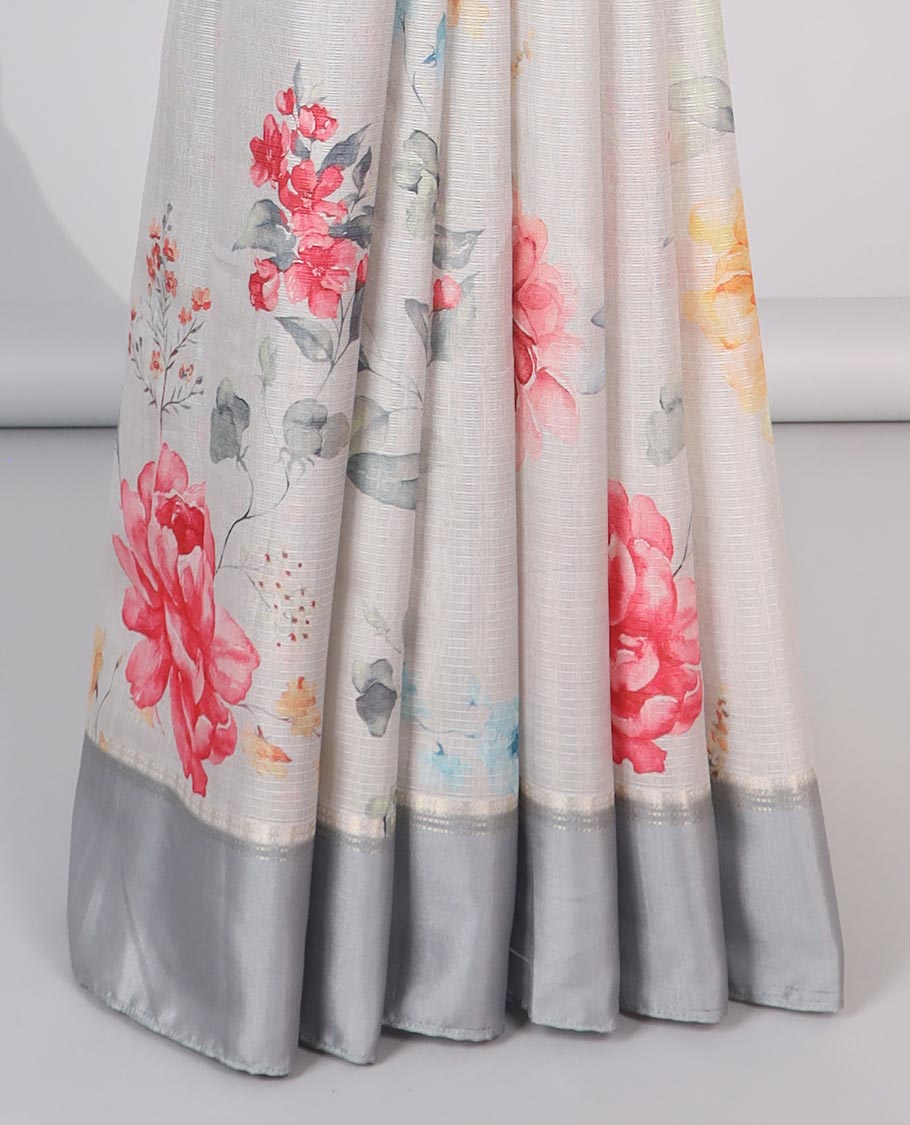 Grey floral vine printed semi-banaras tissue, contrast zari border & striped pallu