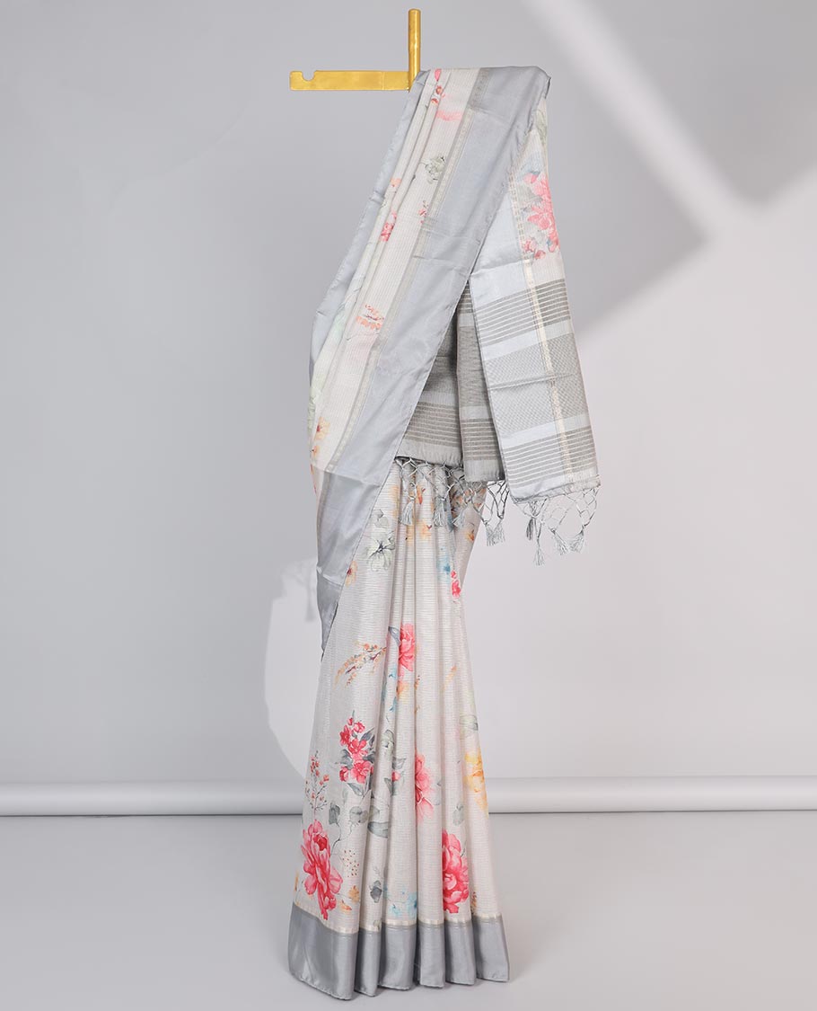 Grey floral vine printed semi-banaras tissue, contrast zari border & striped pallu