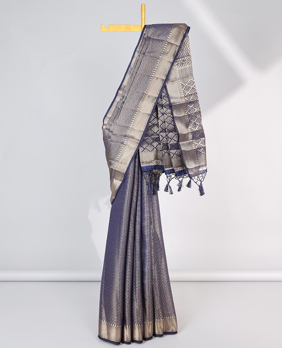 Blue jacquard semi-banaras tissue, traditional zari border & jaal pallu