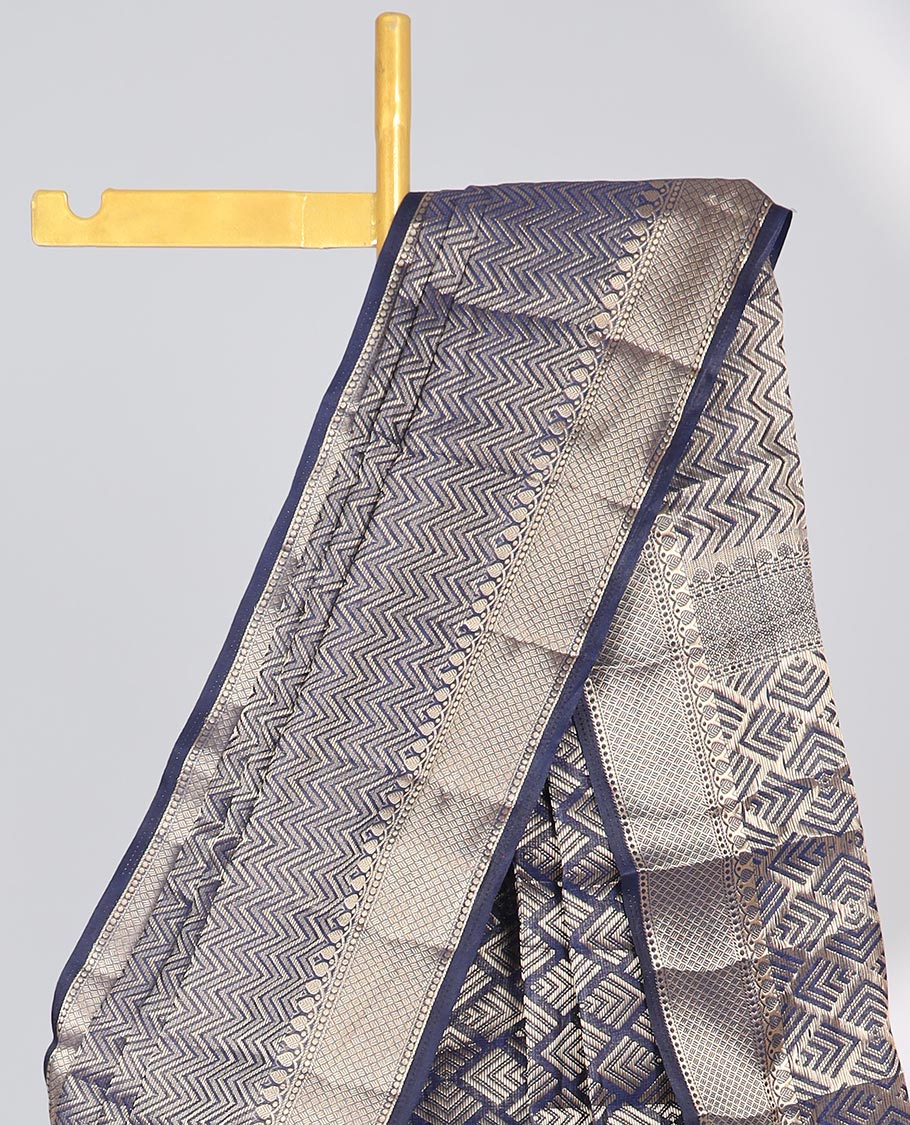 Blue jacquard semi-banaras tissue, traditional zari border & jaal pallu