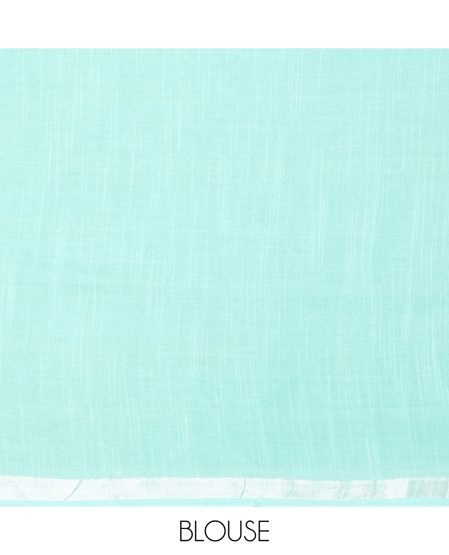 Multi-color abstract & floral printed semi-banaras linen saree, self-border