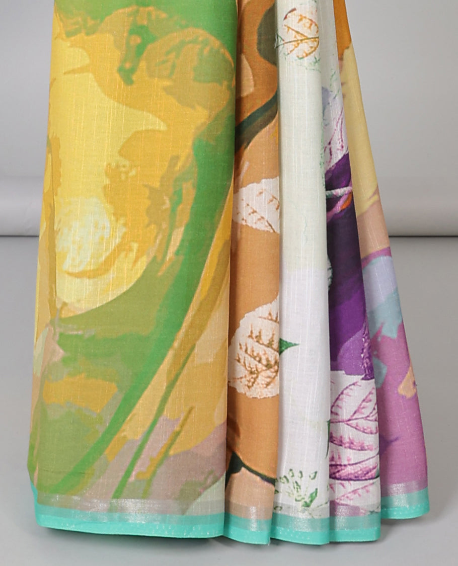 Multi-color abstract & floral printed semi-banaras linen saree, self-border