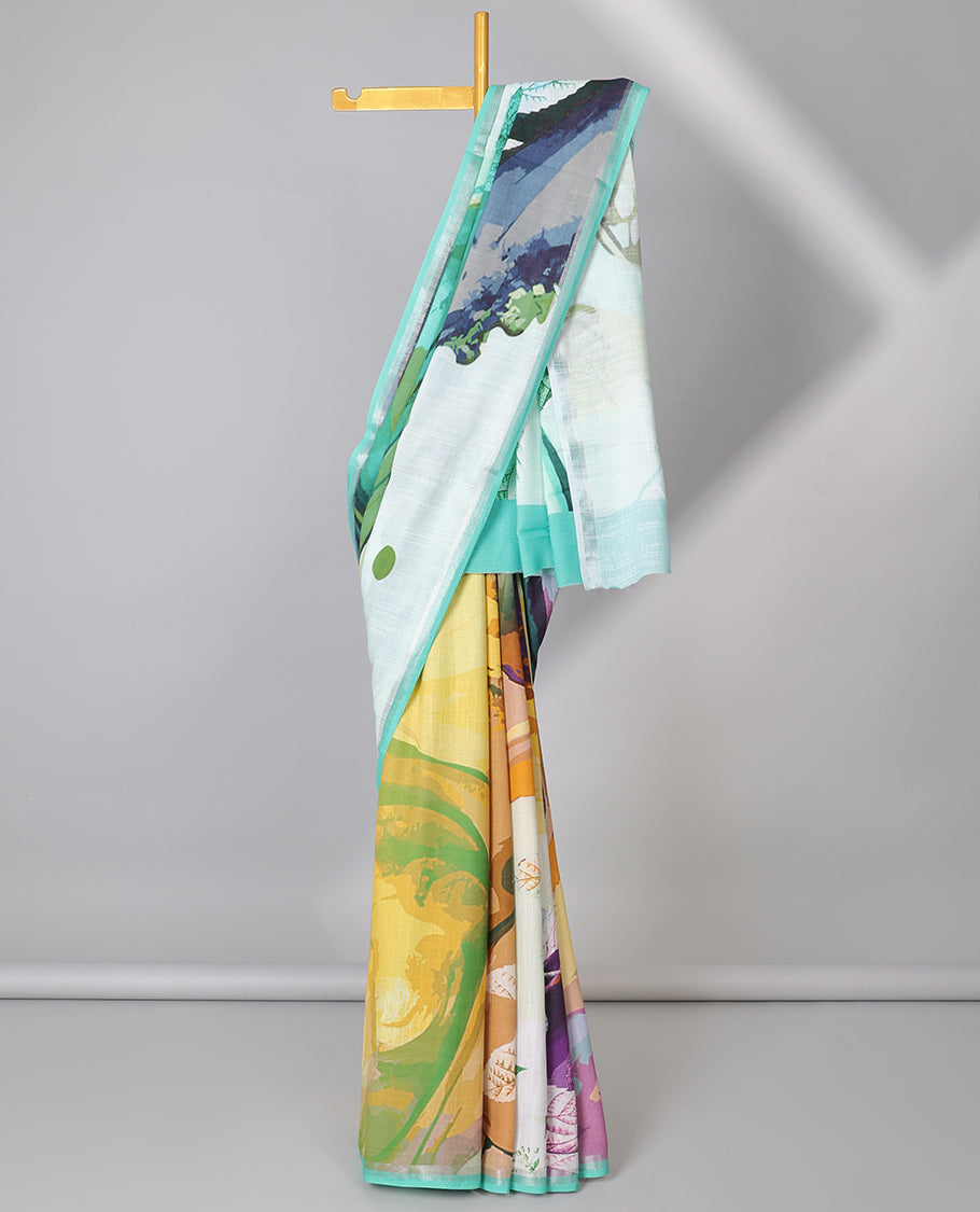 Multi-color abstract & floral printed semi-banaras linen saree, self-border