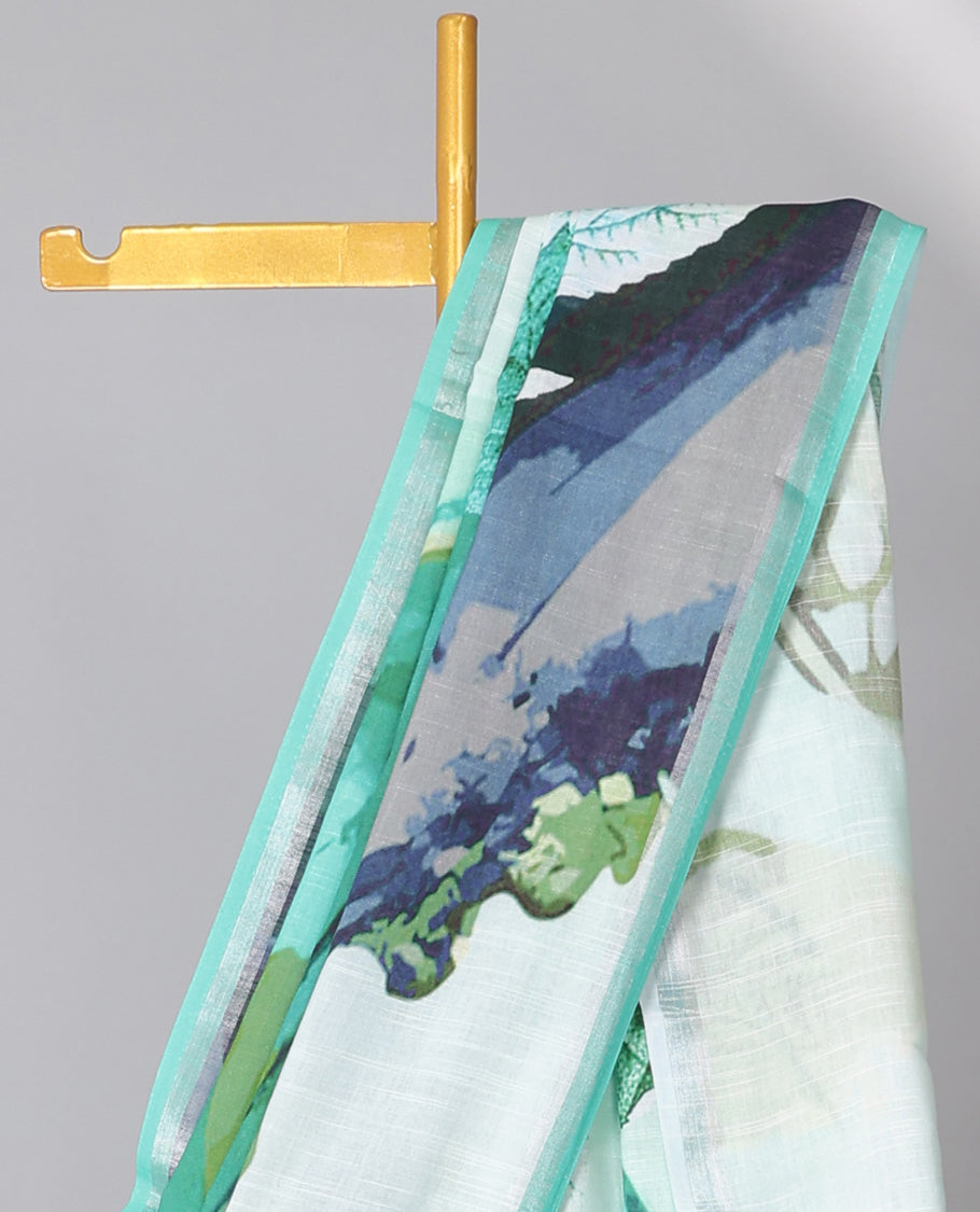 Multi-color abstract & floral printed semi-banaras linen saree, self-border