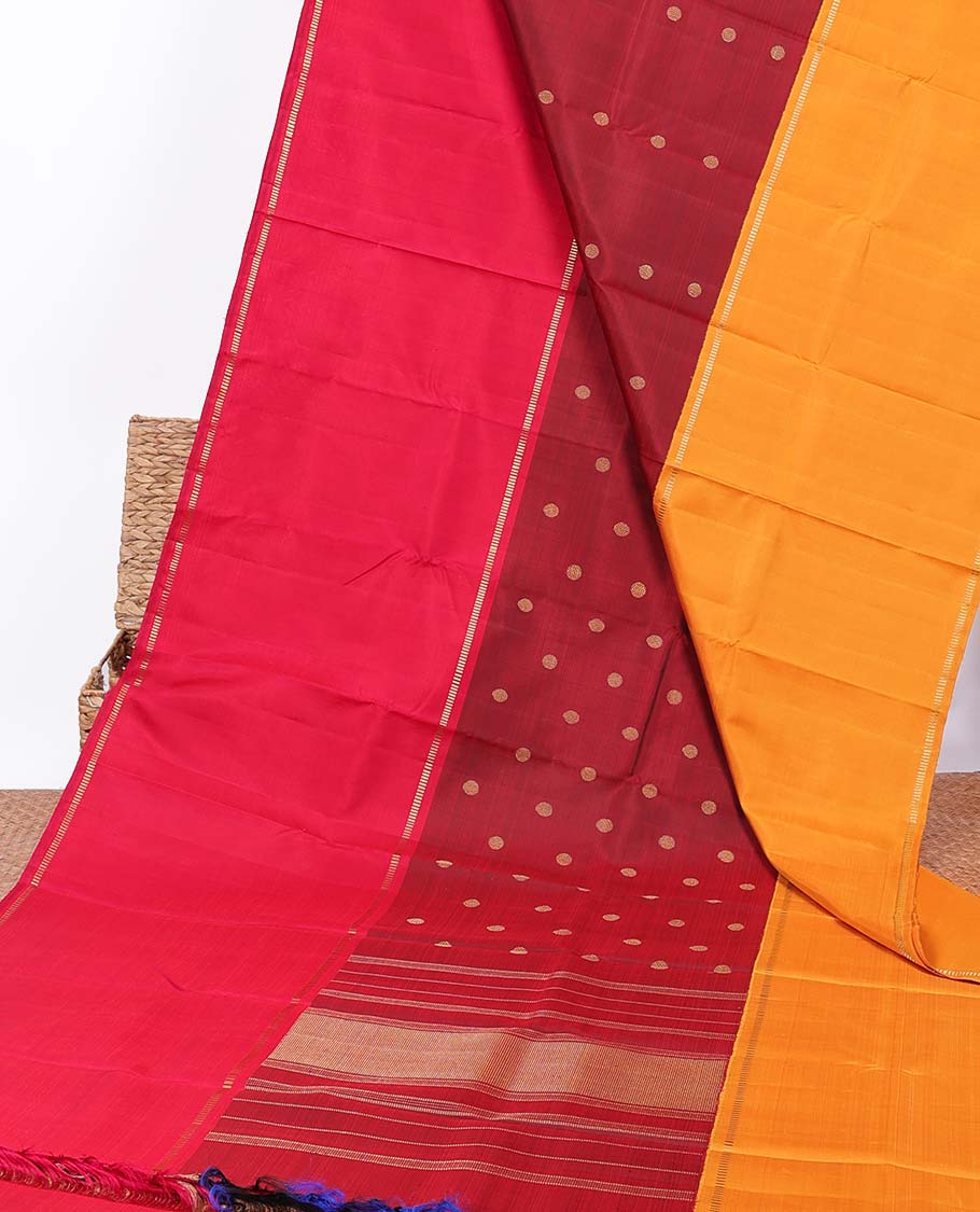 Maroon zari buttas kancheepuram silk saree, contrast ganga jamuna korvai border of muthu designs & zari design pallu