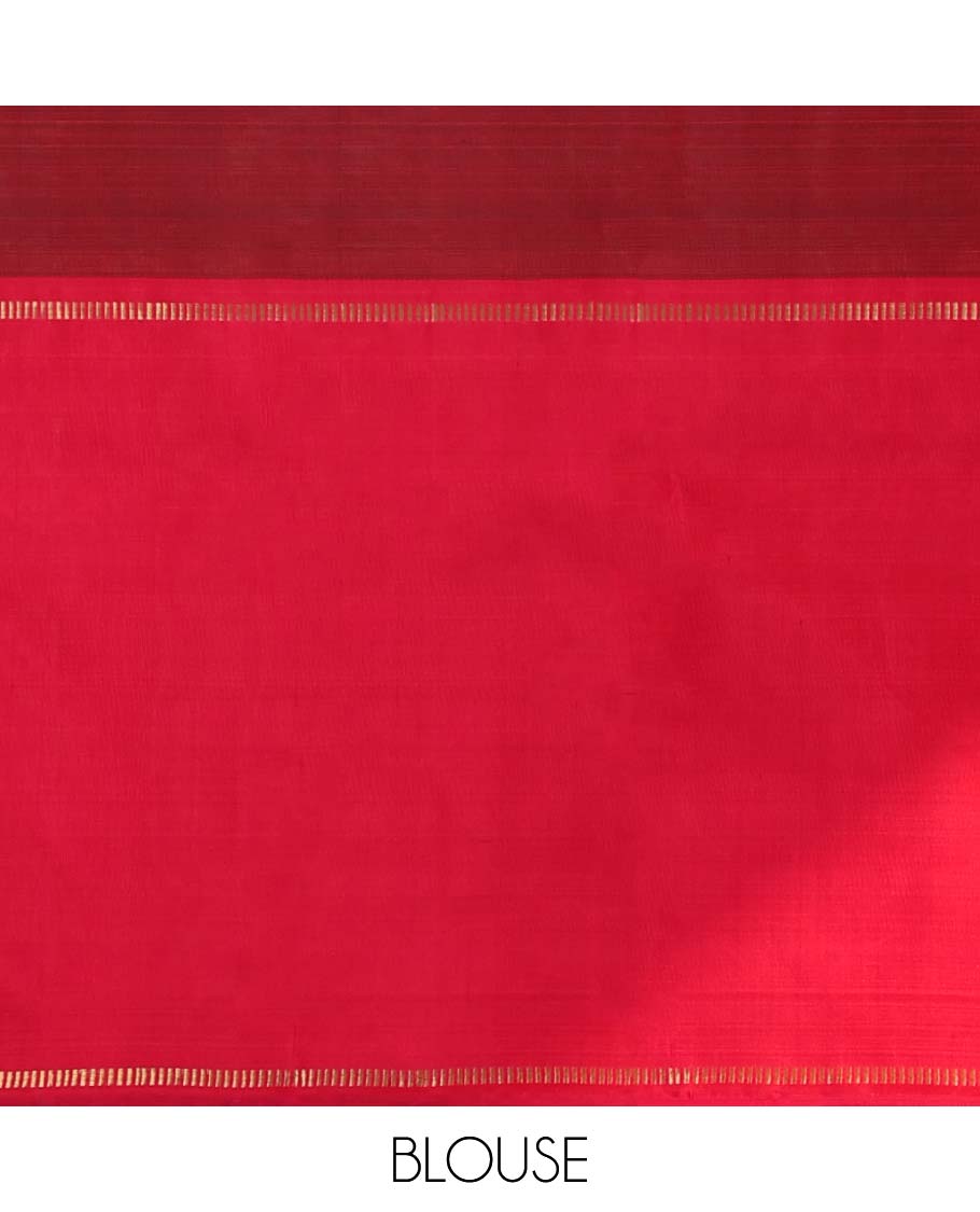 Maroon zari buttas kancheepuram silk saree, contrast ganga jamuna korvai border of muthu designs & zari design pallu