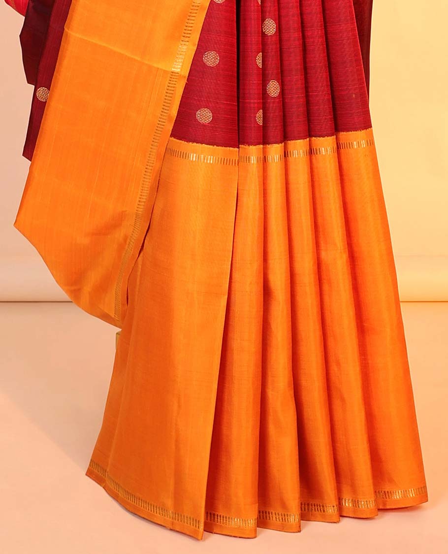 Maroon zari buttas kancheepuram silk saree, contrast ganga jamuna korvai border of muthu designs & zari design pallu