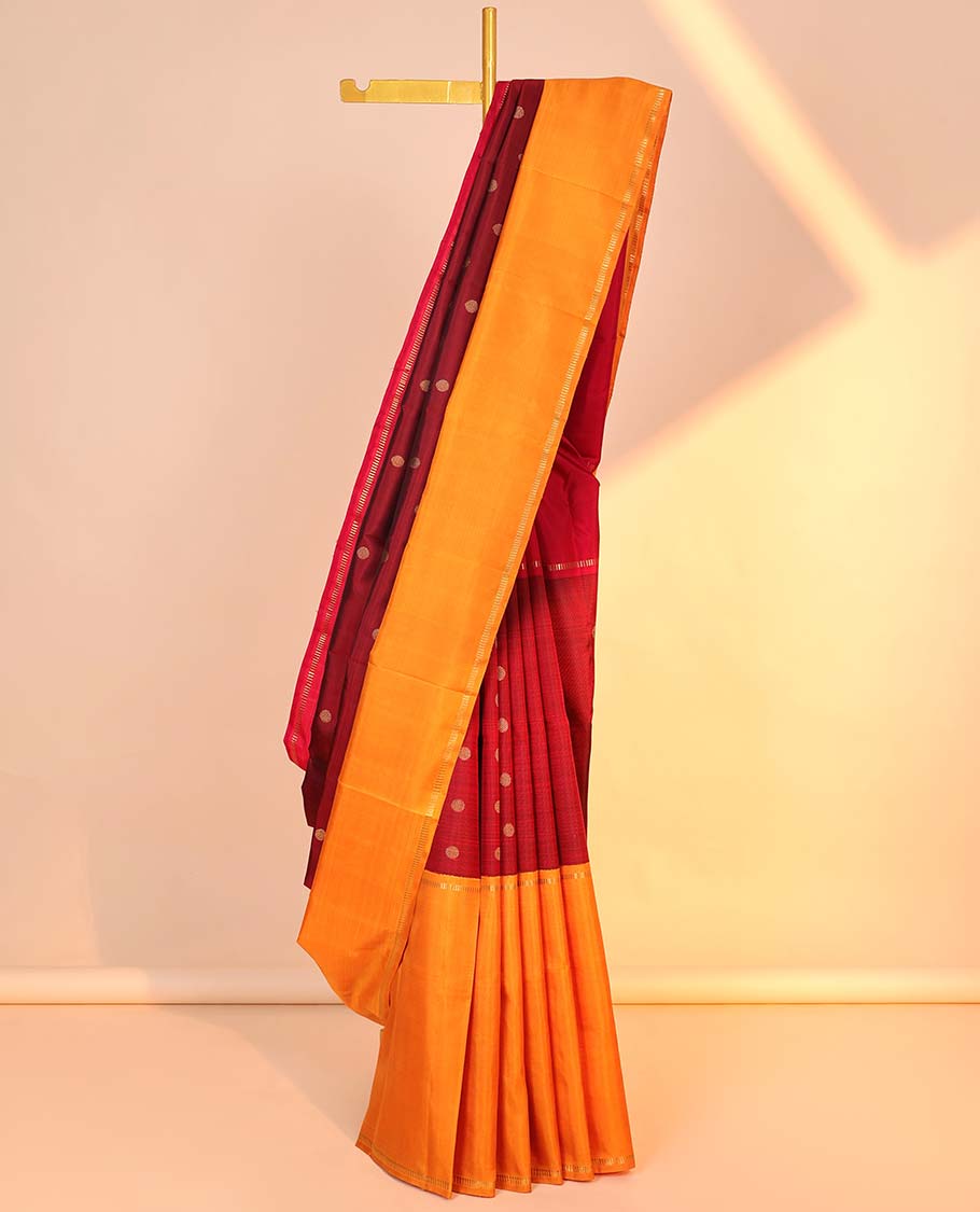 Maroon zari buttas kancheepuram silk saree, contrast ganga jamuna korvai border of muthu designs & zari design pallu