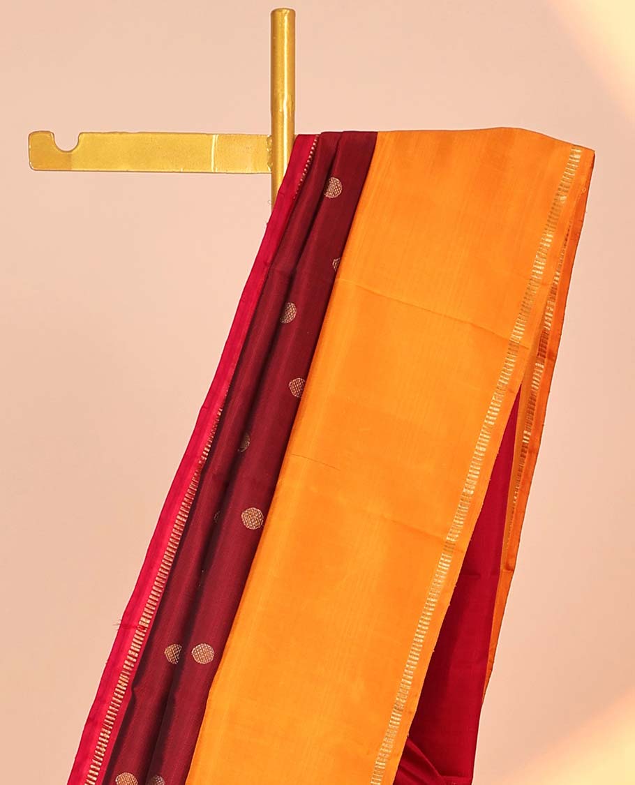 Maroon zari buttas kancheepuram silk saree, contrast ganga jamuna korvai border of muthu designs & zari design pallu