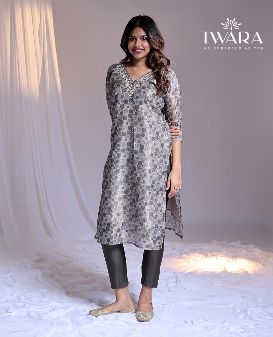 Grey readymade suit, unique print & embroidered 3/4th sleeve v-neck Chanderi top, plain pants & floral printed dupatta