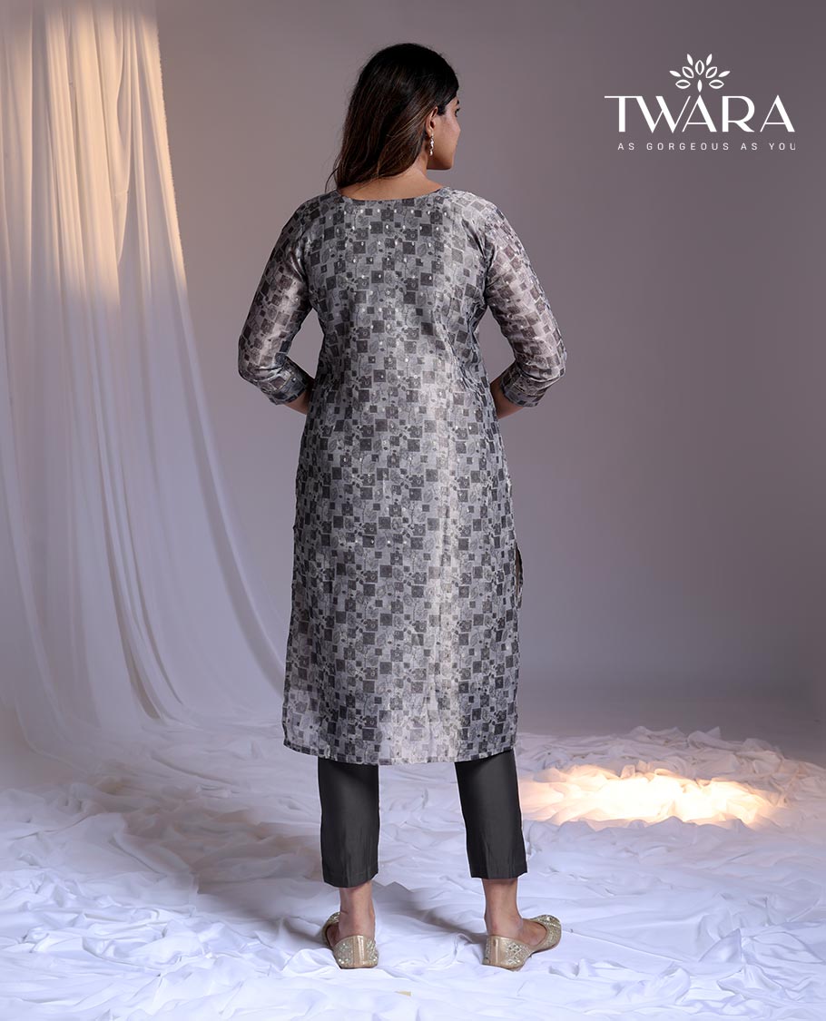 Grey readymade suit, unique print & embroidered 3/4th sleeve v-neck Chanderi top, plain pants & floral printed dupatta