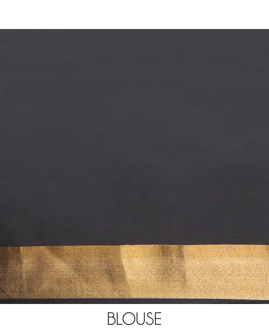 Borderless black kanchipuram designer silk saree features paisleys, zari-rich pallu adorned with seppu rekku design