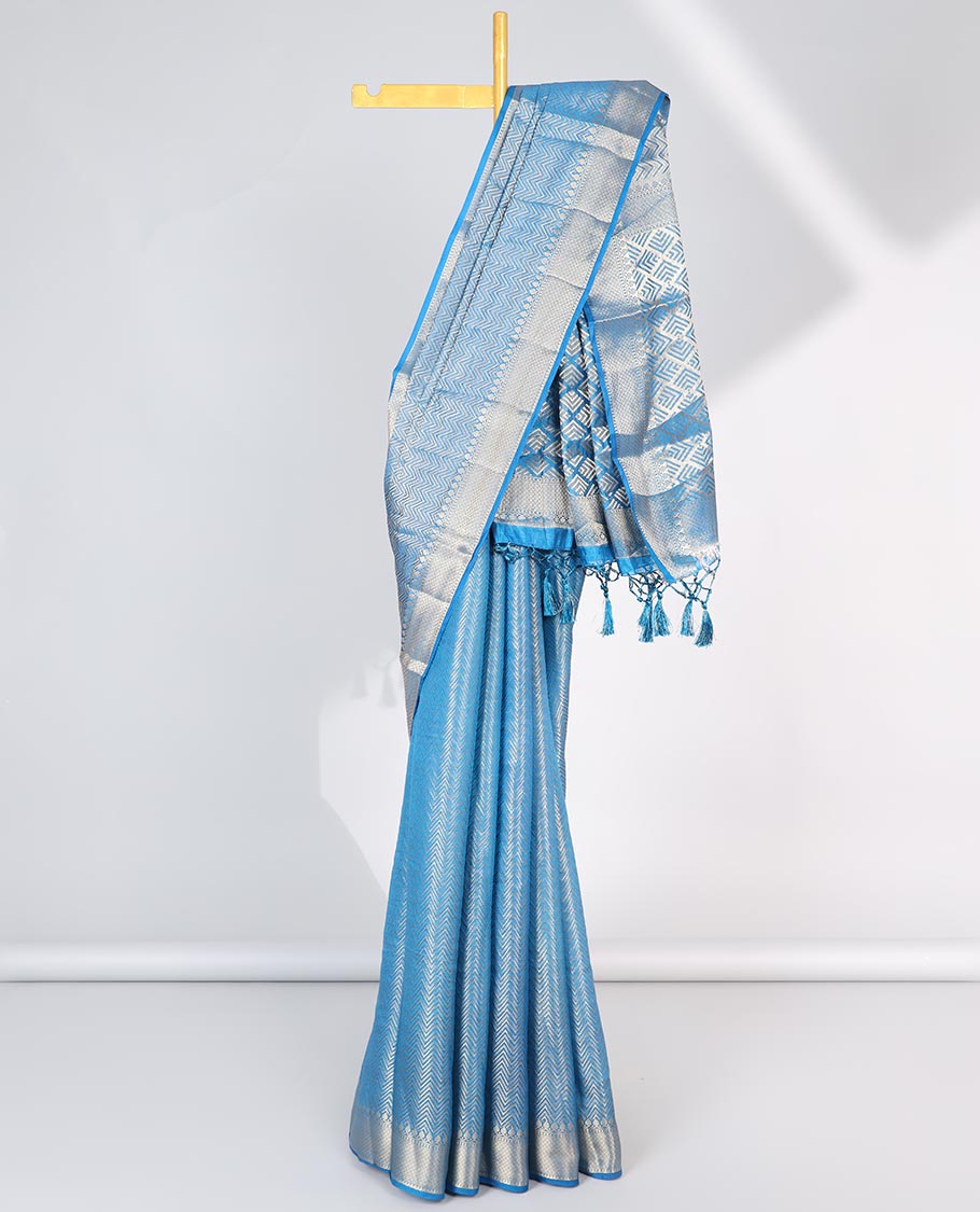 Blue chevron design saree, traditional design border & pallu of jaal designs