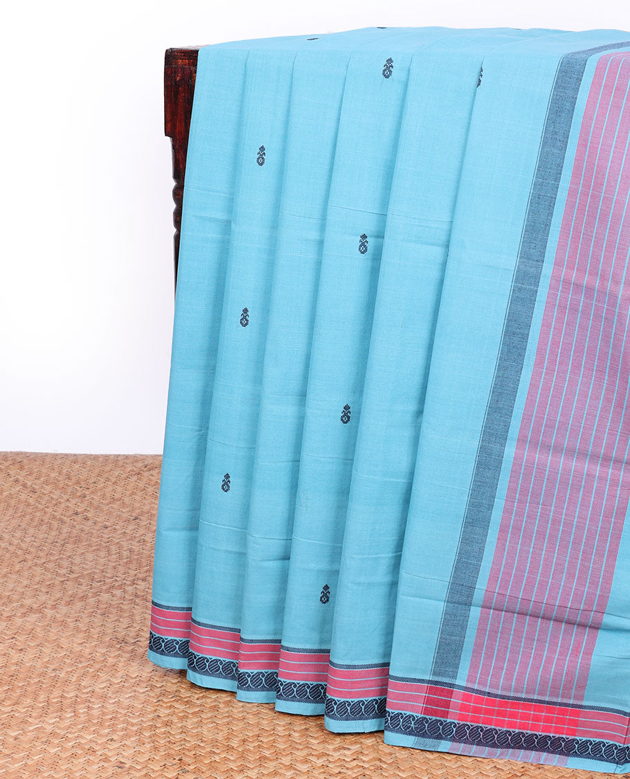 Blue Andhra cotton saree with buttas, traditional design border & contrast pallu of stripes