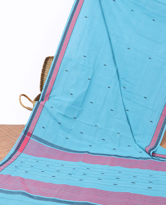Blue Andhra cotton saree with buttas, traditional design border & contrast pallu of stripes