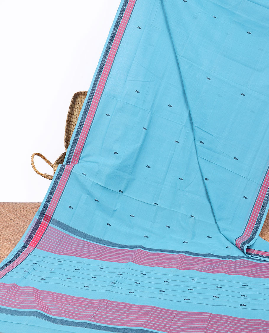 Blue Andhra cotton saree with buttas, traditional design border & contrast pallu of stripes