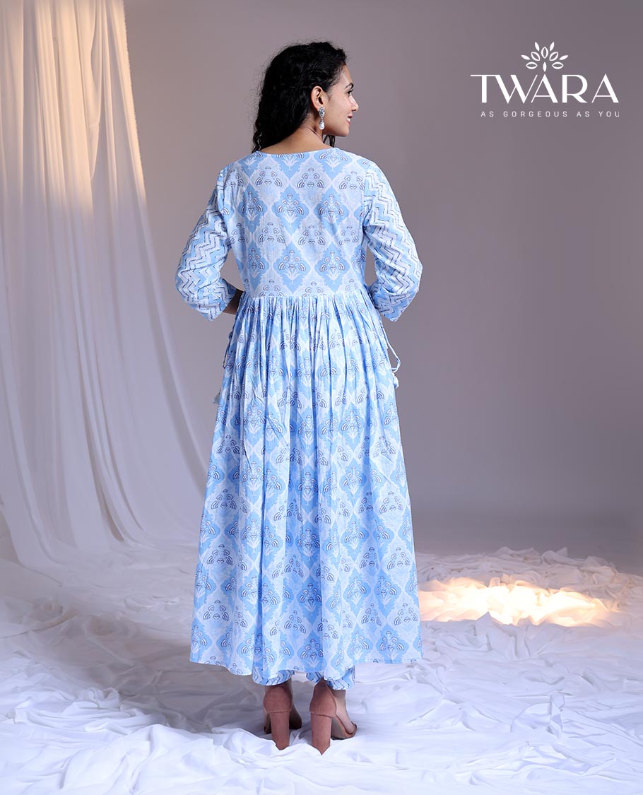 Twara Blue readymade suit,intricately printed 3/4th sleeve round-neck cotton top,printed pants & chevron printed dupatta