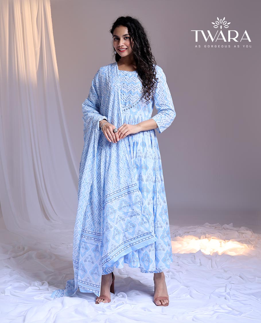 Twara Blue readymade suit,intricately printed 3/4th sleeve round-neck cotton top,printed pants & chevron printed dupatta