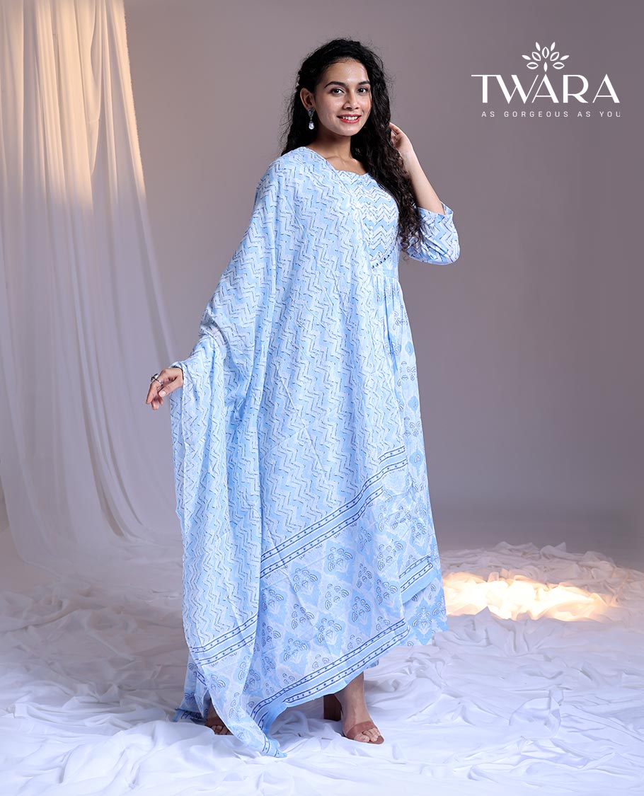 Twara Blue readymade suit,intricately printed 3/4th sleeve round-neck cotton top,printed pants & chevron printed dupatta