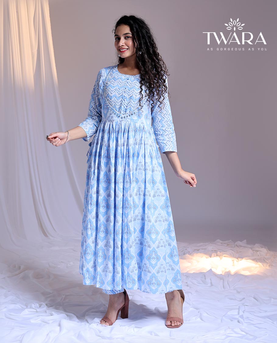 Twara Blue readymade suit,intricately printed 3/4th sleeve round-neck cotton top,printed pants & chevron printed dupatta