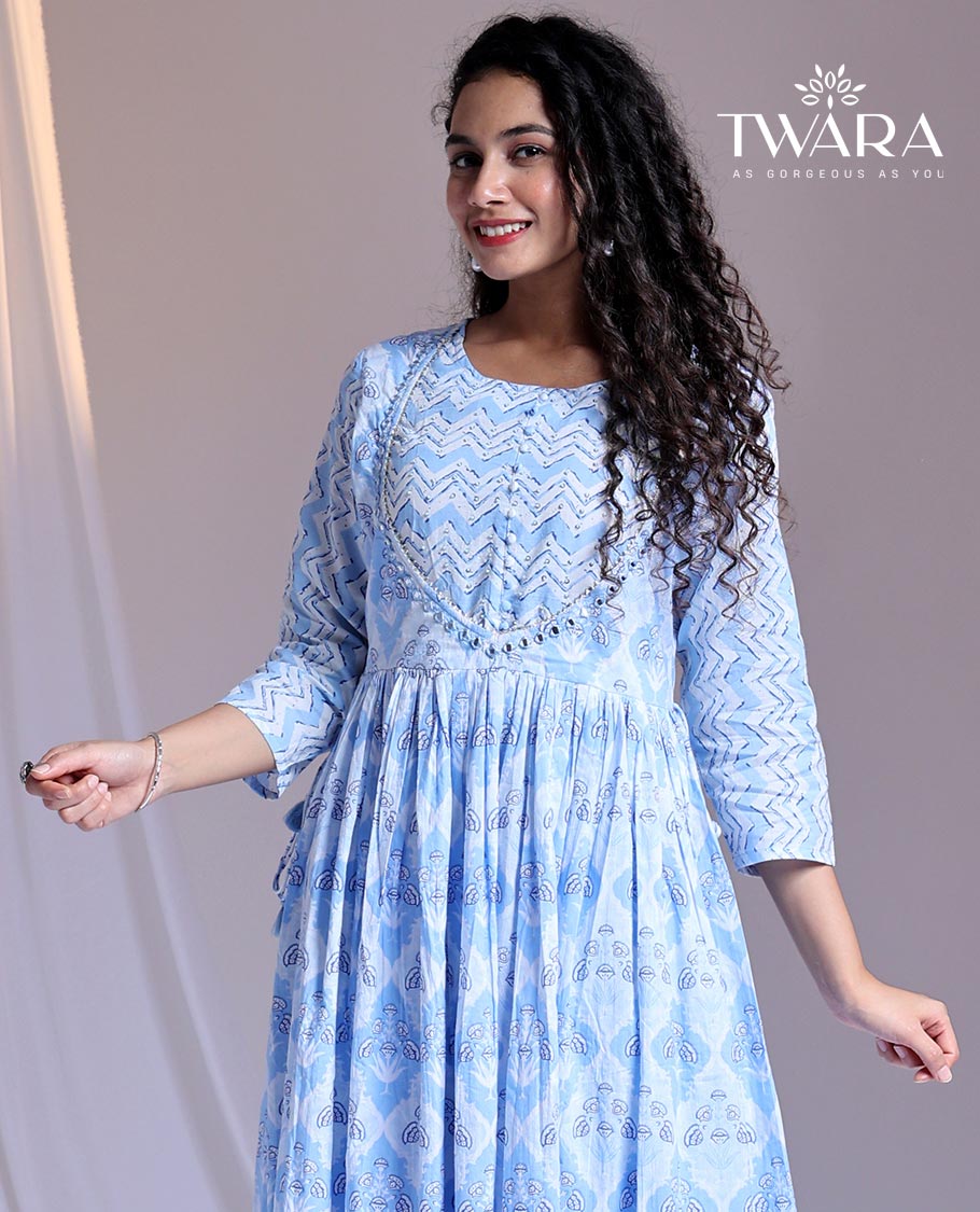 Twara Blue readymade suit,intricately printed 3/4th sleeve round-neck cotton top,printed pants & chevron printed dupatta