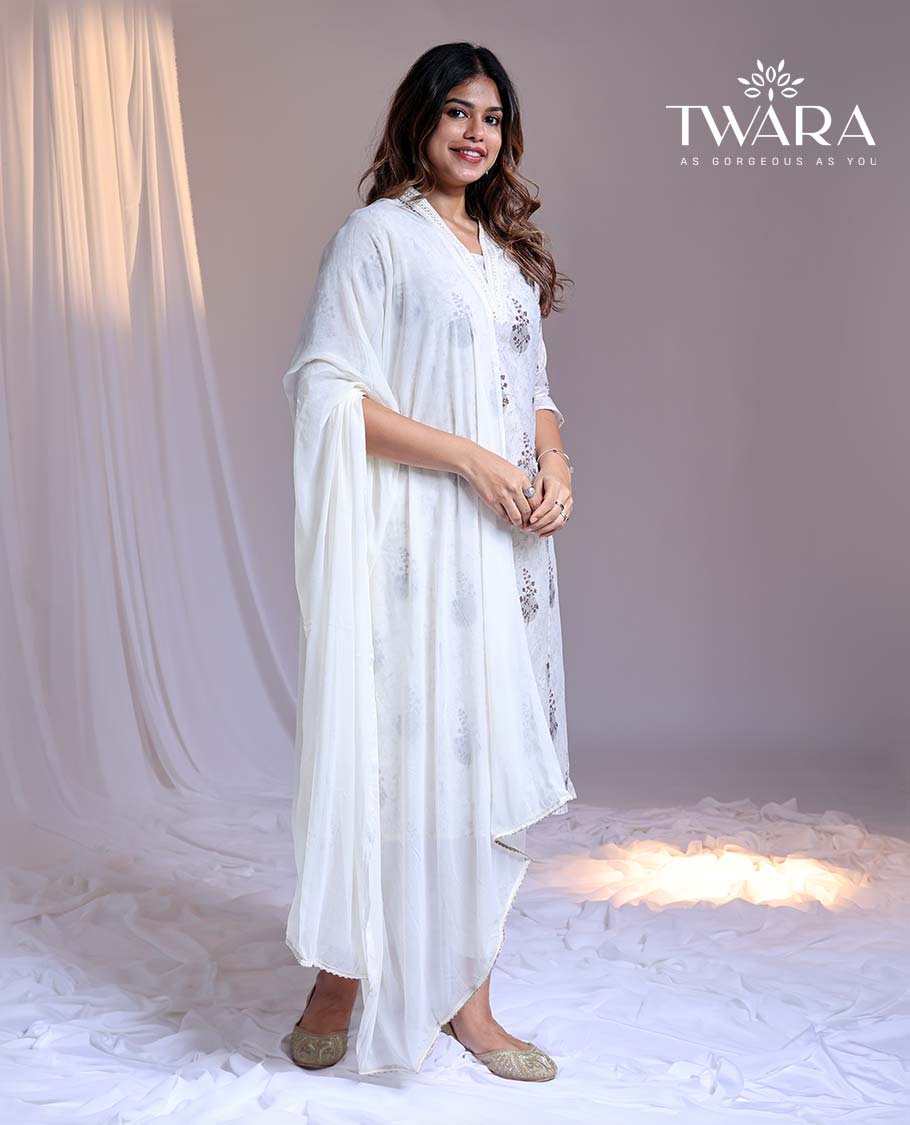 Twara White readymade suit, floral print & embroidery v-neck 3/4th-sleeve chanderi top, plain pants & solid dupatta
