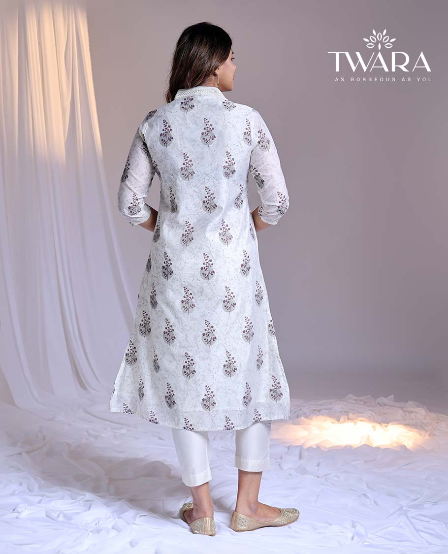 Twara White readymade suit, floral print & embroidery v-neck 3/4th-sleeve chanderi top, plain pants & solid dupatta