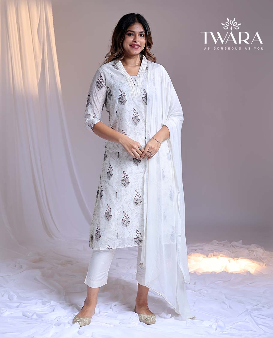 Twara White readymade suit, floral print & embroidery v-neck 3/4th-sleeve chanderi top, plain pants & solid dupatta