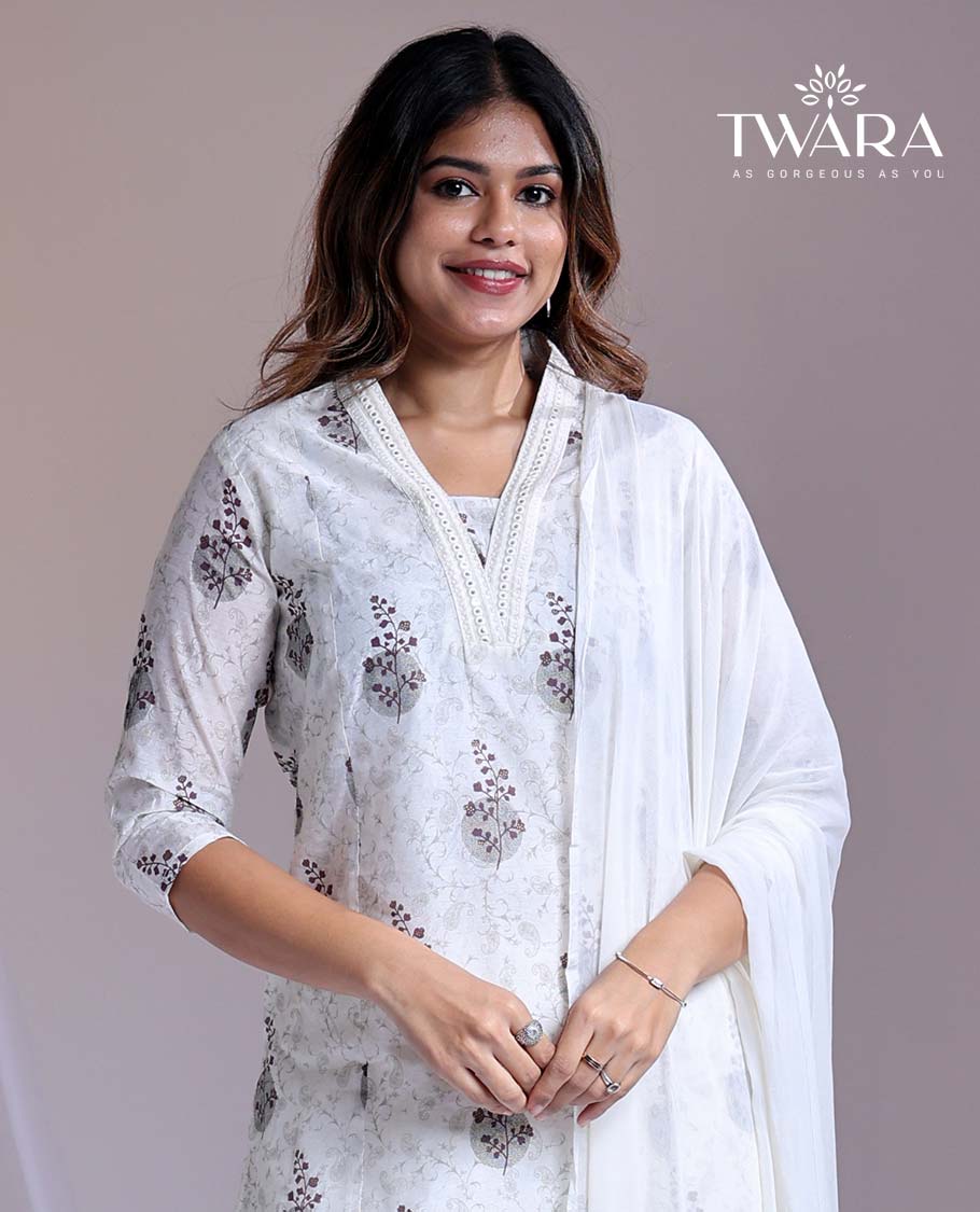 Twara White readymade suit, floral print & embroidery v-neck 3/4th-sleeve chanderi top, plain pants & solid dupatta
