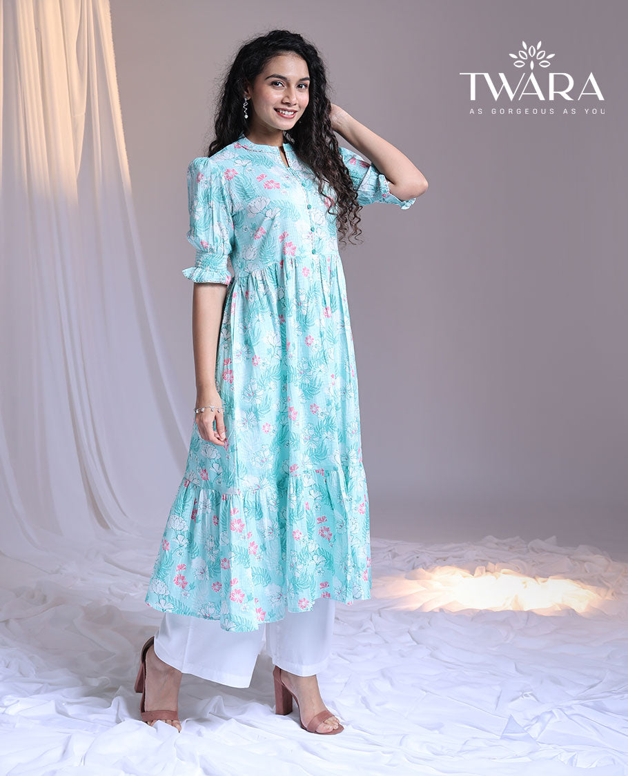 Twara blue floral printed chinese collar elbow-sleeve below-knee a-line kurti