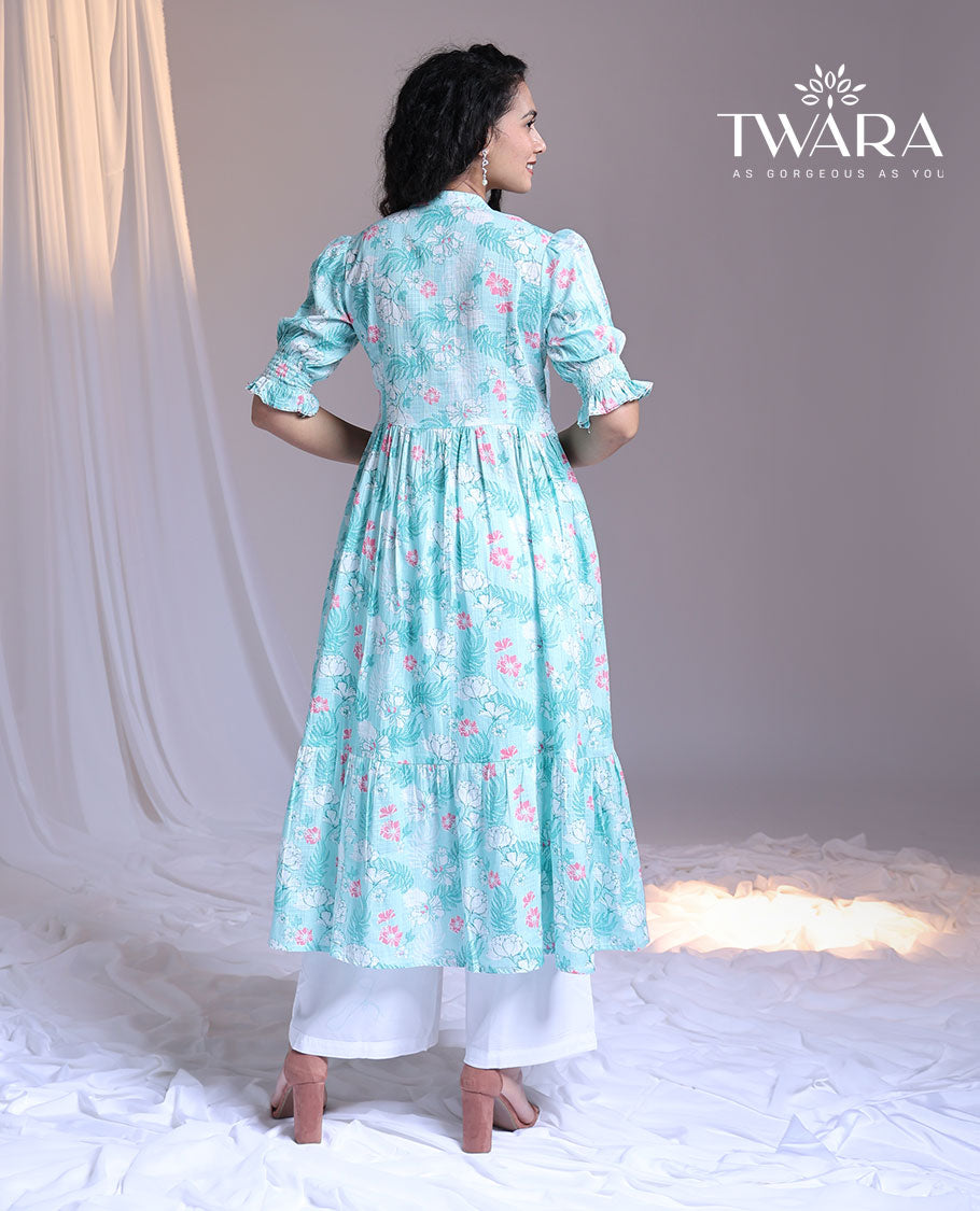 Twara blue floral printed chinese collar elbow-sleeve below-knee a-line kurti
