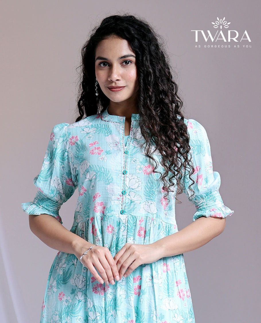 Twara blue floral printed chinese collar elbow-sleeve below-knee a-line kurti