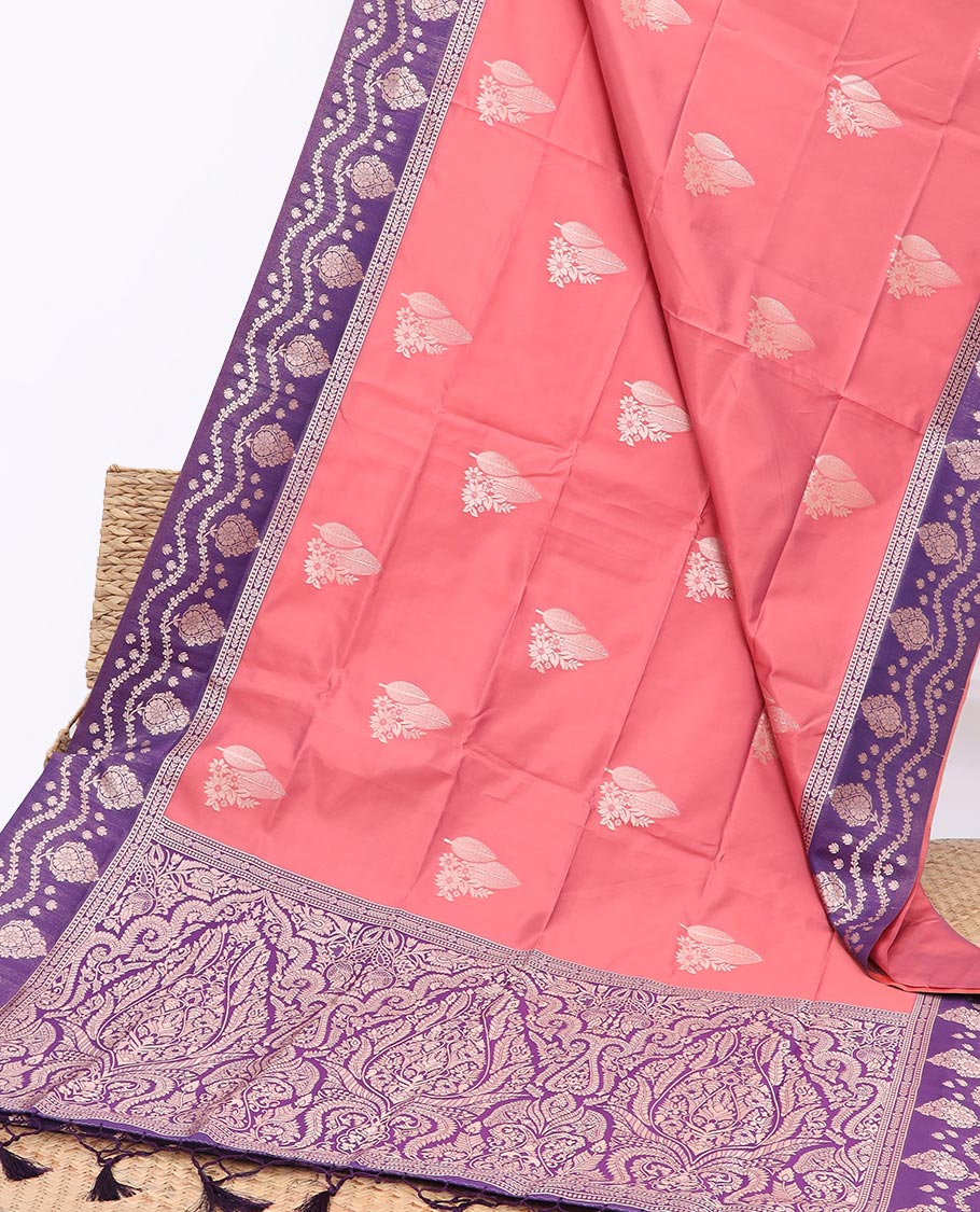 Pink butter silk saree with zari buttas, contrast floral design border & pallu of zari intricate designs