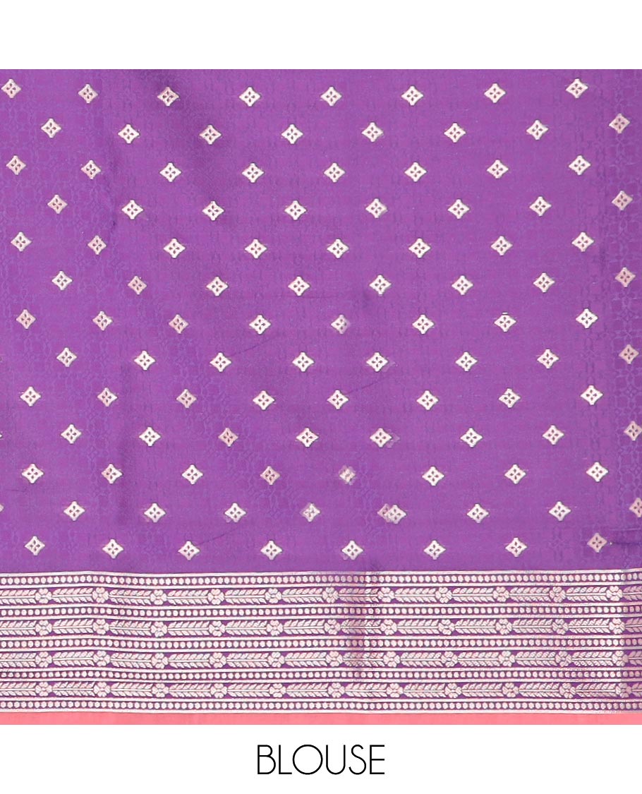 Pink butter silk saree with zari buttas, contrast floral design border & pallu of zari intricate designs